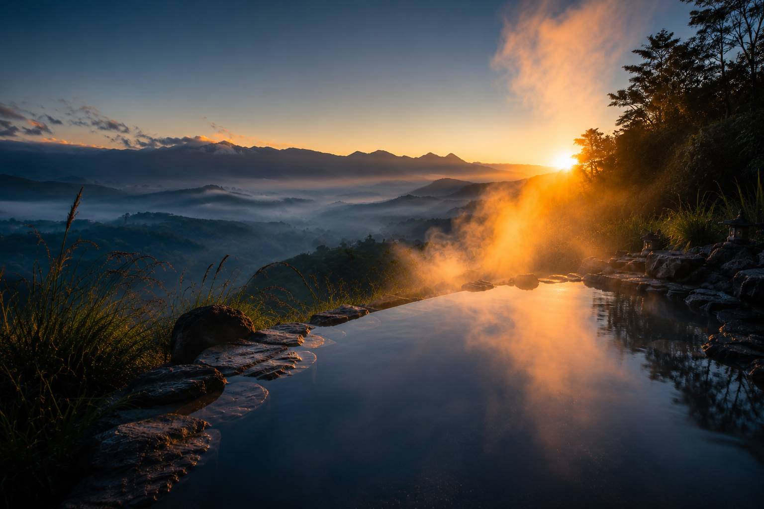 Hot springs at dawn, mist rising from the water